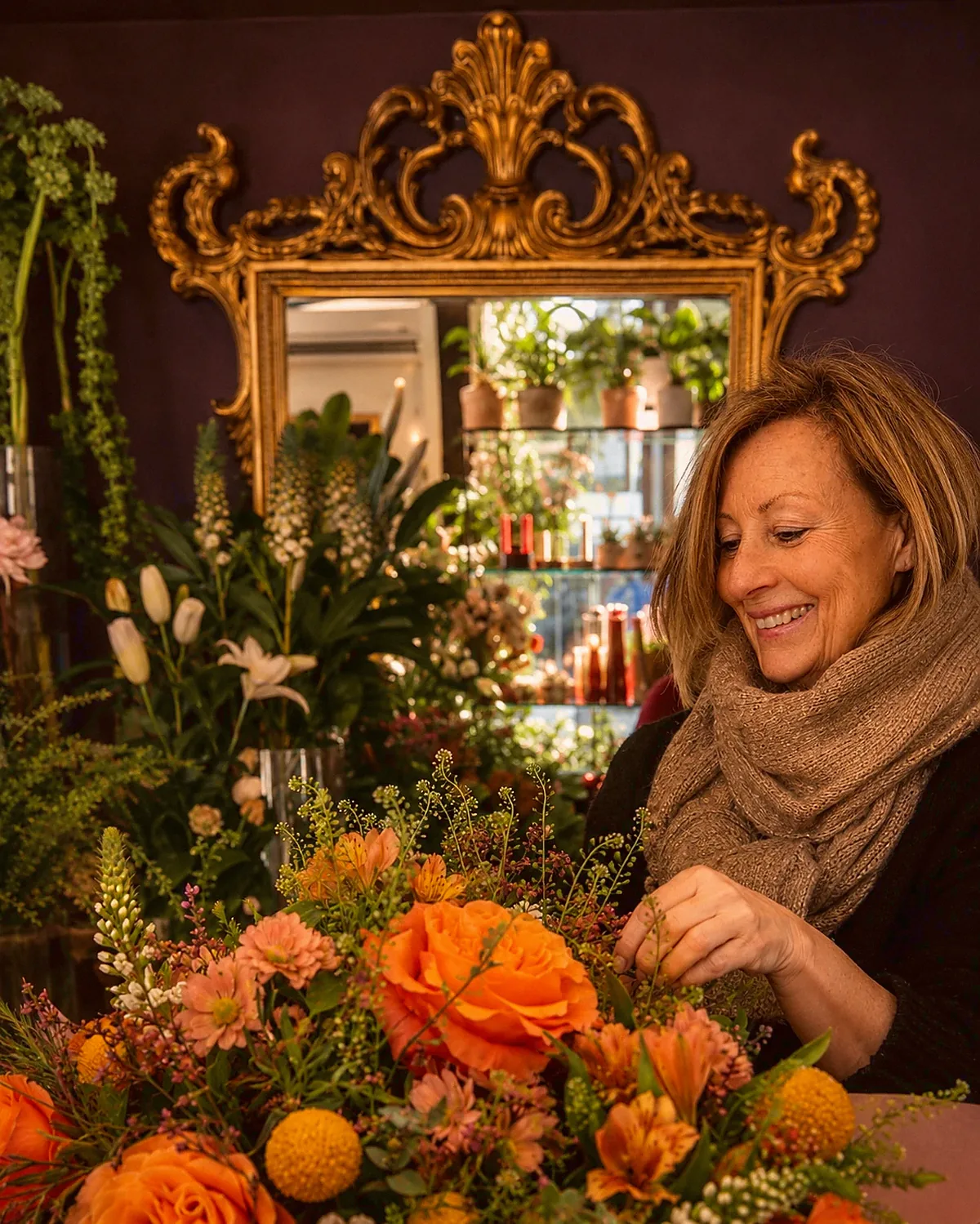 Jade, artisane fleuriste, compose un bouquet sous le miroir baroque doré de l'Atelier Violette